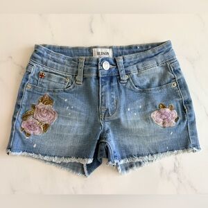 Hudson Jeans Light Blue Denim Shorts with Pink Rose Embroidery